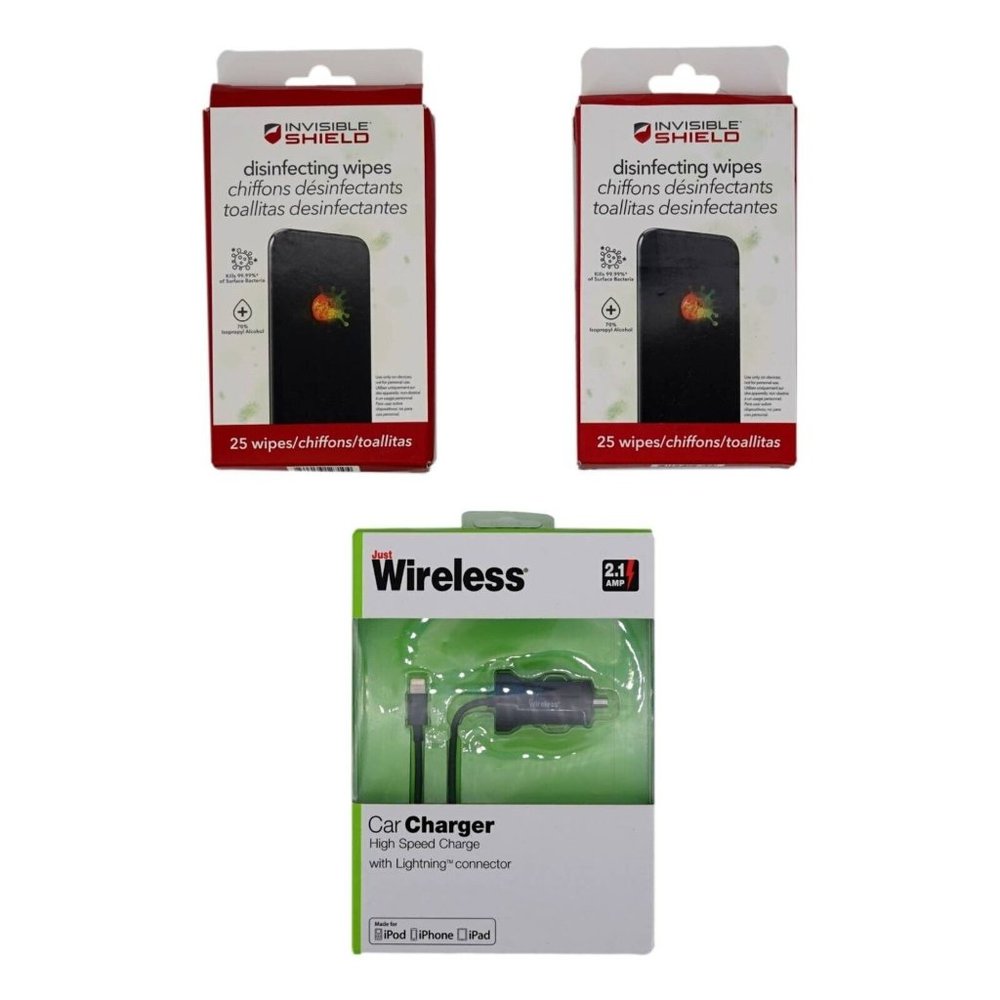 Just Wireless Car Charger W/ 2 Packs Disinfecting Wipes For iPod iPhone iPad New
